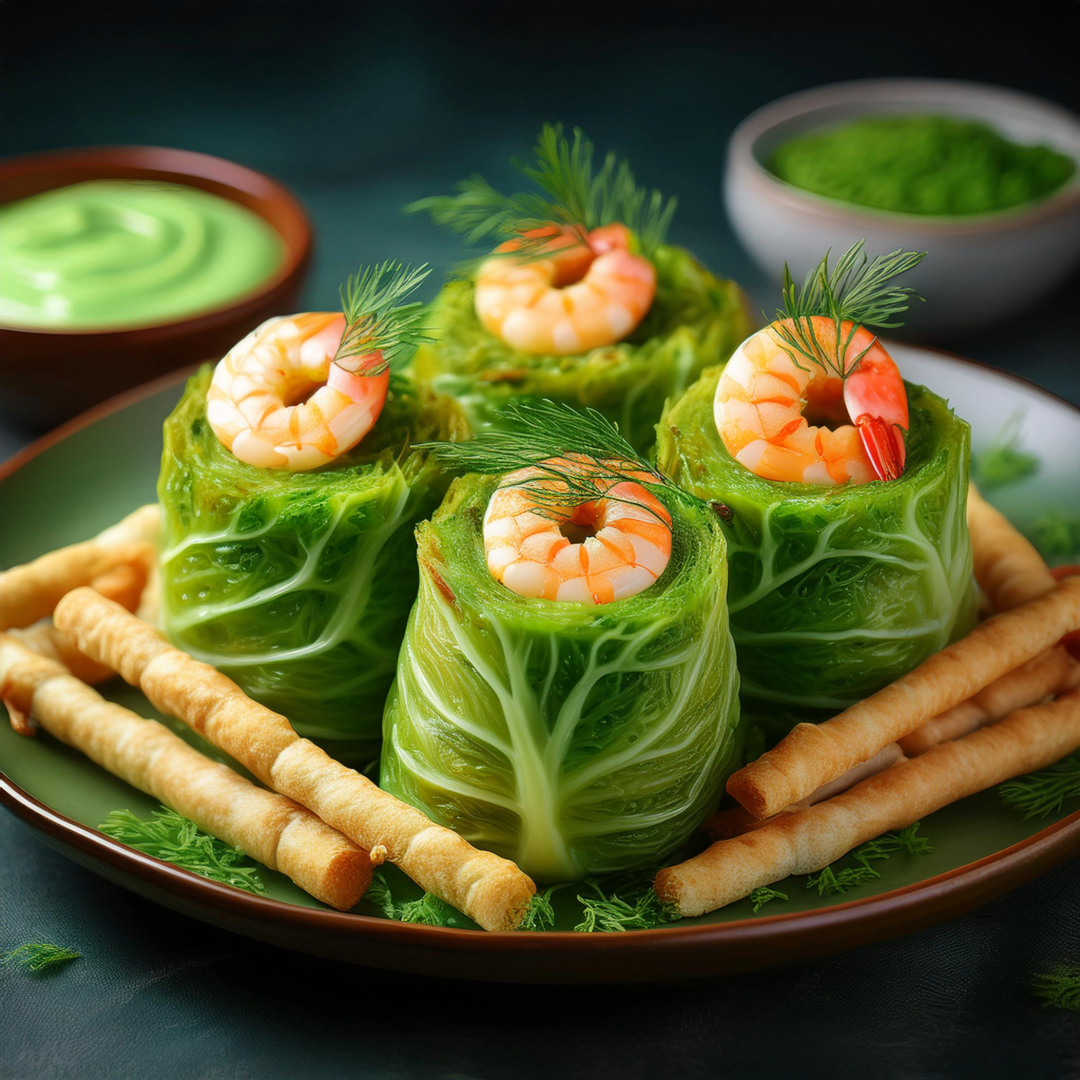 Tender cabbage rolls of smoked shrimp 