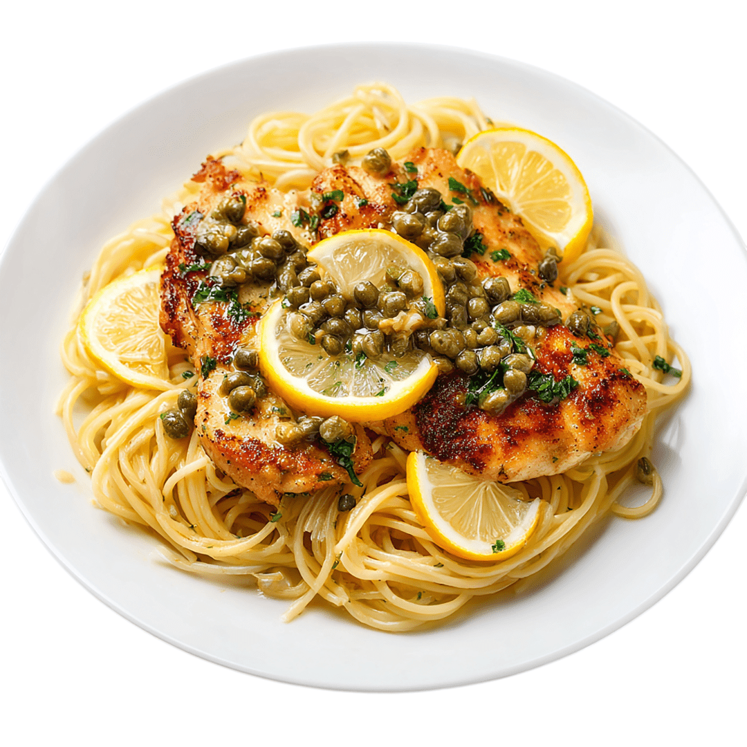 Chicken piccata with capers and lemon slices.