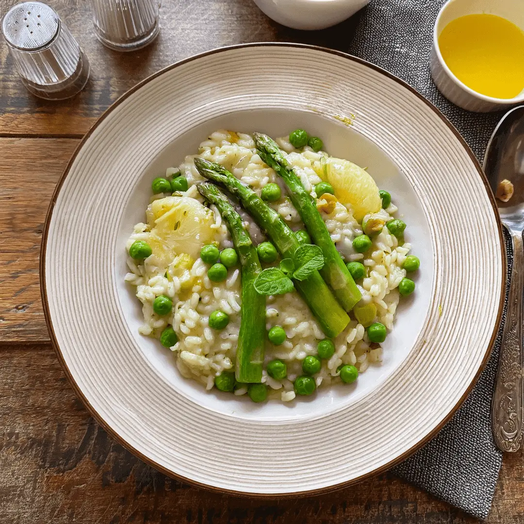 Asparagus risotto with peas and herbs.