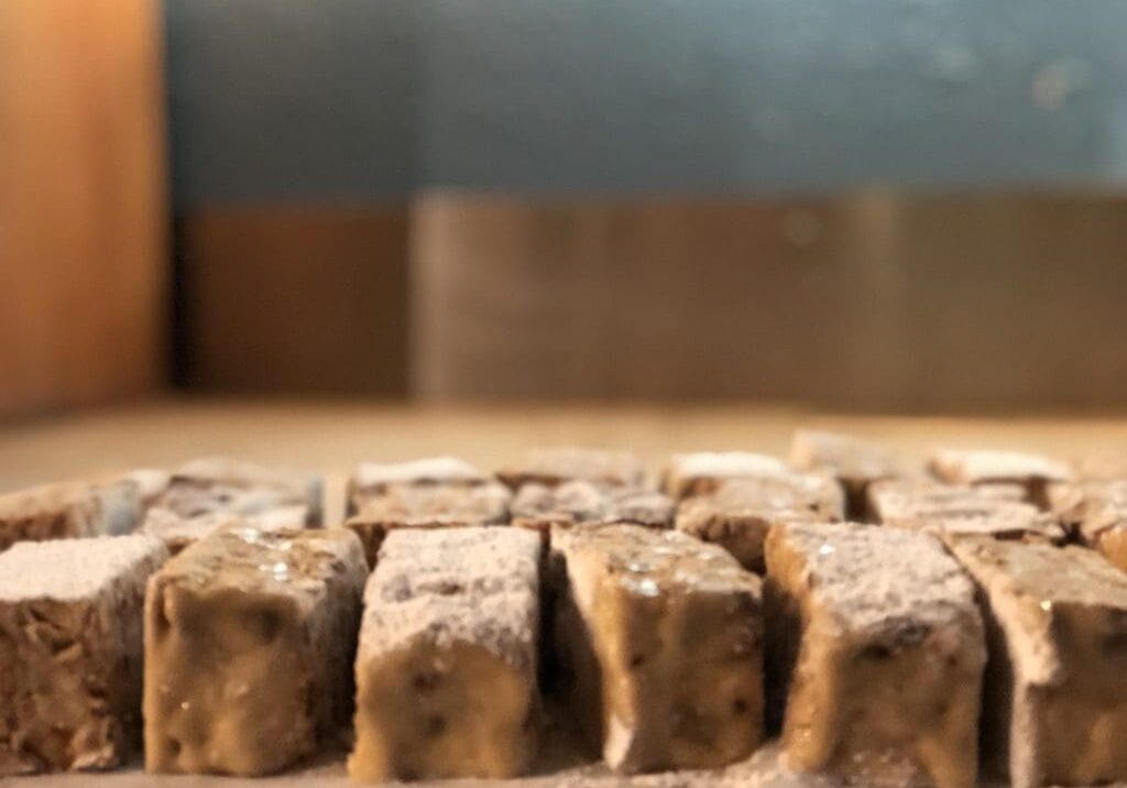 A close up of some fudge on top of a table