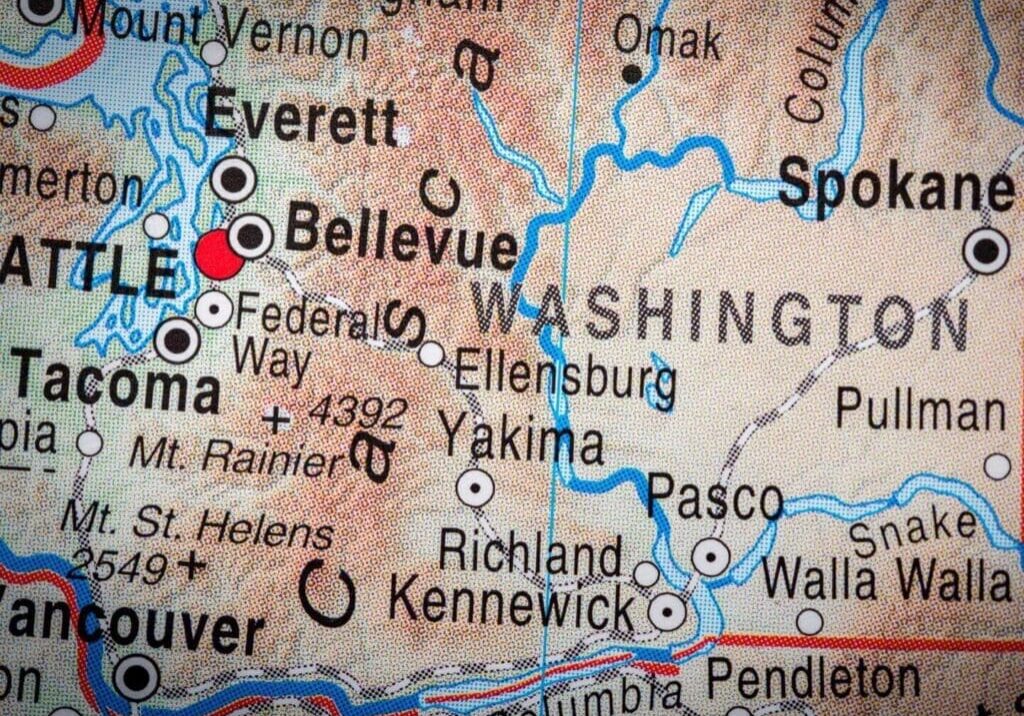 A map of washington state with the location of bellevue highlighted.